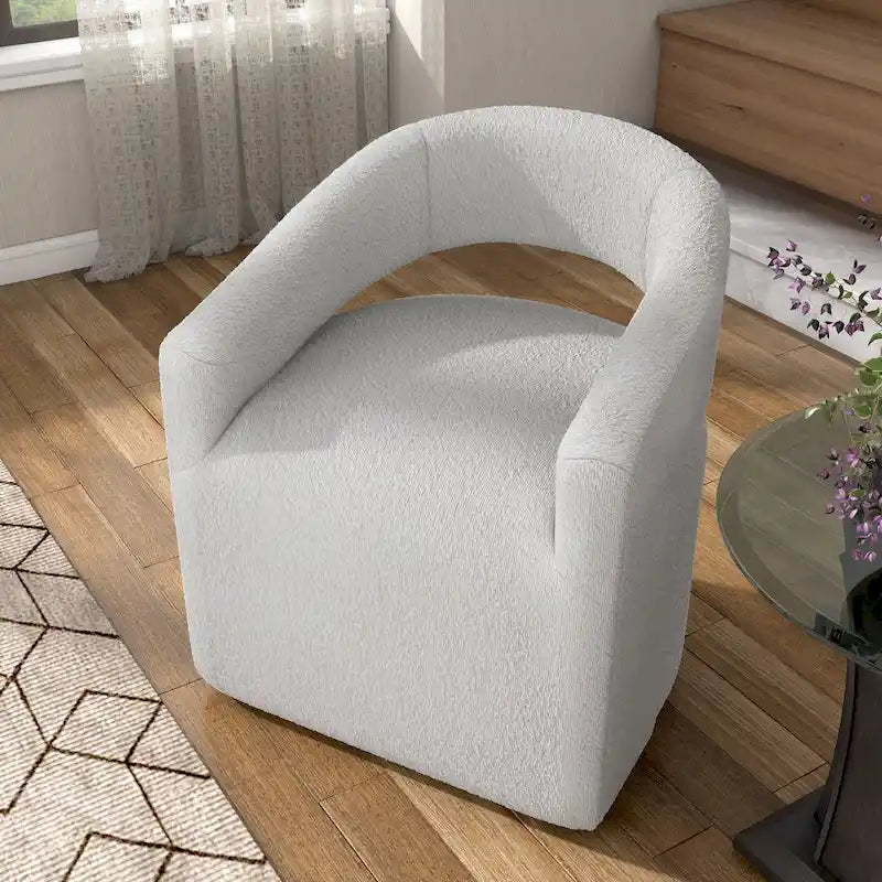 Poltrona tonda a botte Celeste Modern Boucle, schienale aperto e bracciolo curvo, poltrona girevole di Furniture of America