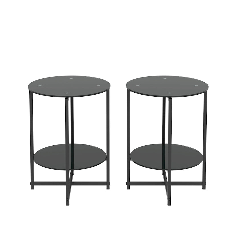 Set di 2 tavolini in vetro temperato (nero), tavolino da caffè rotondo per camera da letto, soggiorno, ufficio