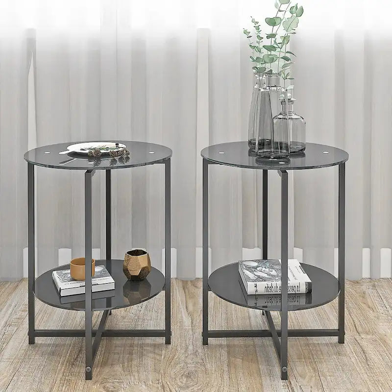 Set di 2 tavolini in vetro temperato (nero), tavolino da caffè rotondo per camera da letto, soggiorno, ufficio