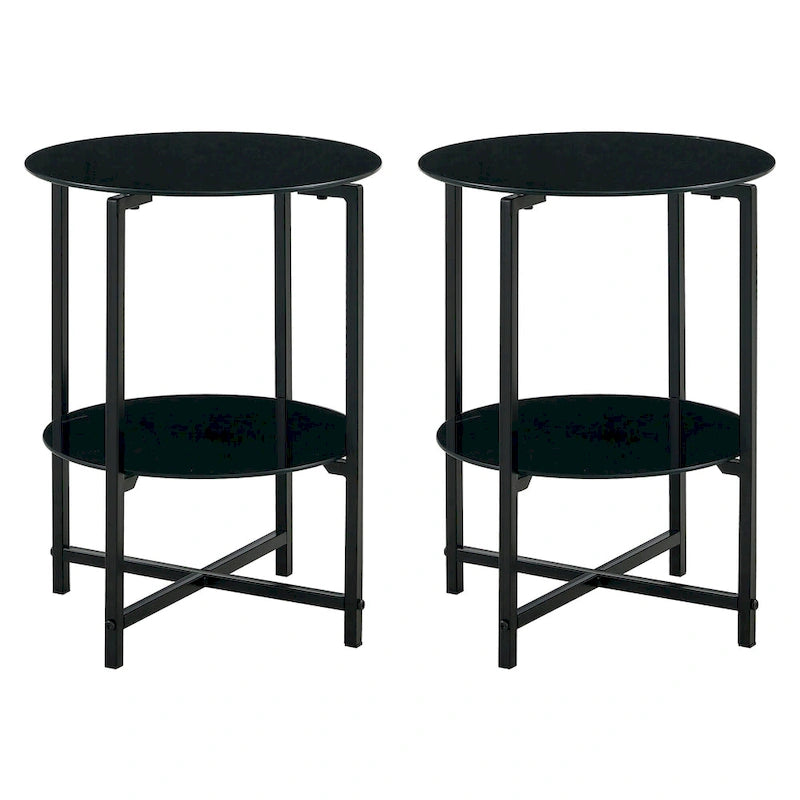 Set di 2 tavolini in vetro temperato (nero), tavolino da caffè rotondo per camera da letto, soggiorno, ufficio