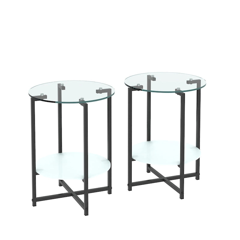 Set di 2 tavolini in vetro temperato (nero), tavolino da caffè rotondo per camera da letto, soggiorno, ufficio