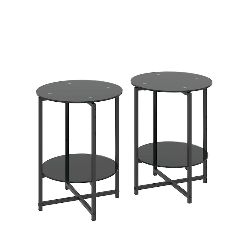 Set di 2 tavolini in vetro temperato (nero), tavolino da caffè rotondo per camera da letto, soggiorno, ufficio