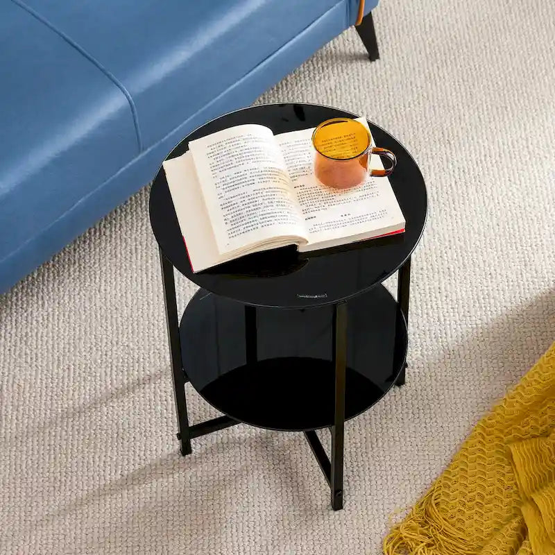 Set di 2 tavolini in vetro temperato (nero), tavolino da caffè rotondo per camera da letto, soggiorno, ufficio