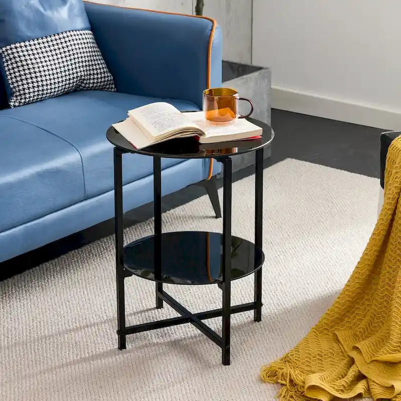 Set di 2 tavolini in vetro temperato (nero), tavolino da caffè rotondo per camera da letto, soggiorno, ufficio