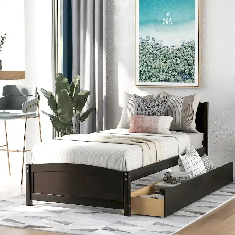 Letto a piattaforma a una piazza con due cassetti