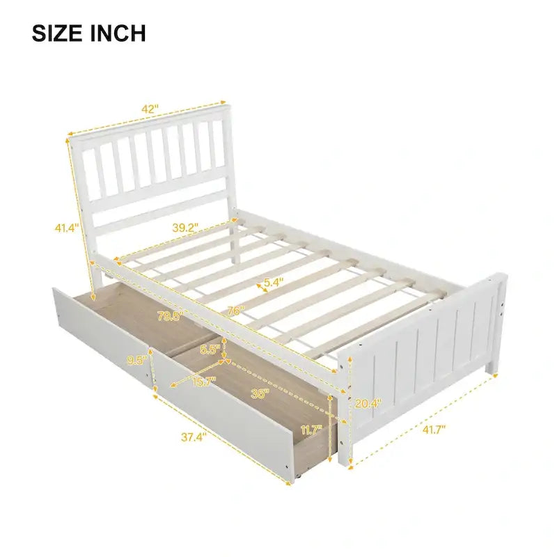 Letto a piattaforma a una piazza con due cassetti