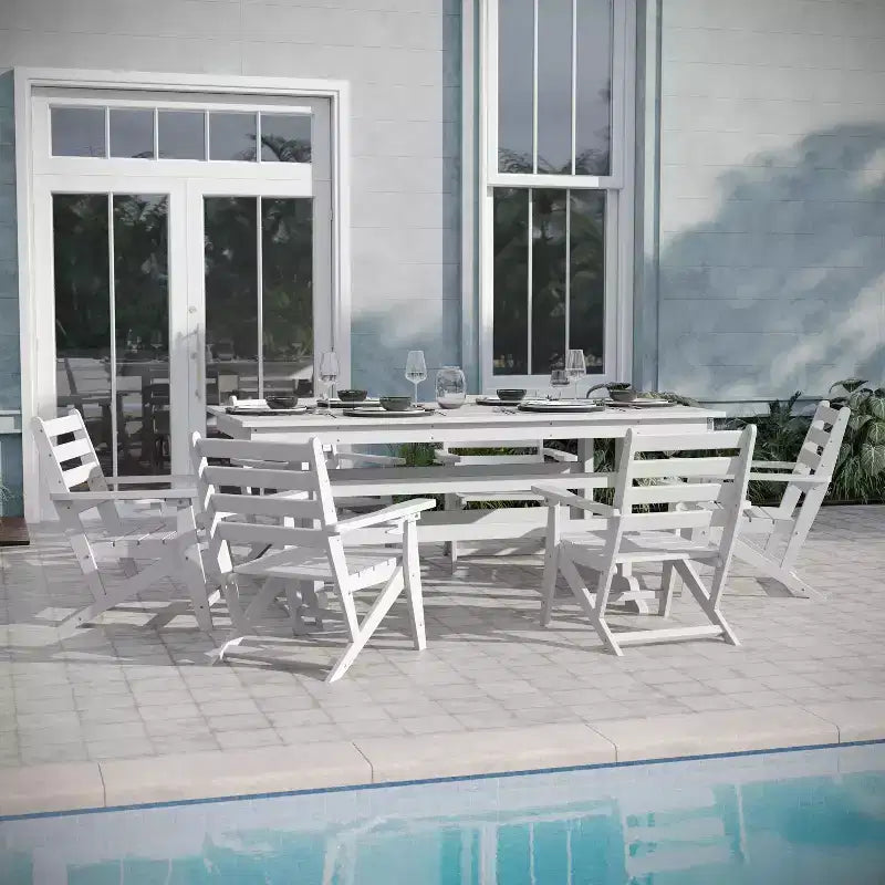 Set da pranzo Adirondack Emma e Oliver 7 pz con tavolo rettangolare 72" da interni/esterni in HDPE riciclato e 6 sedie con portabicchieri