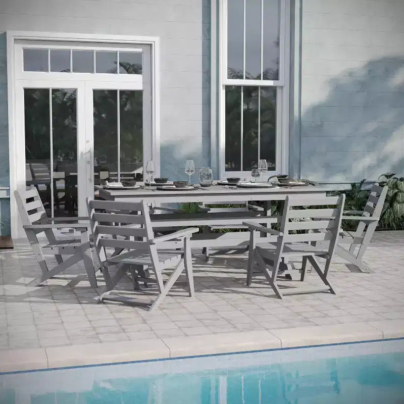 Set da pranzo Adirondack Emma e Oliver 7 pz con tavolo rettangolare 72" da interni/esterni in HDPE riciclato e 6 sedie con portabicchieri