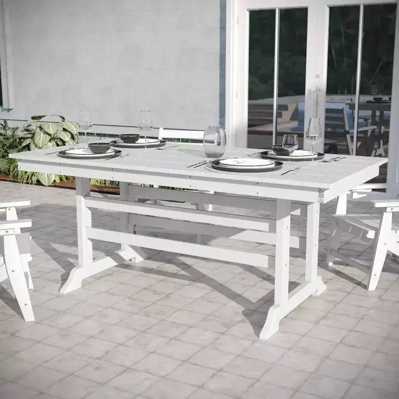 Set da pranzo Adirondack Emma e Oliver 7 pz con tavolo rettangolare 72" da interni/esterni in HDPE riciclato e 6 sedie con portabicchieri