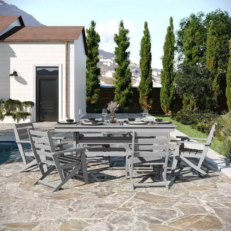 Flash Furniture Tolleson Set da pranzo commerciale Adirondack da 7 pezzi con tavolo rettangolare in HDPE riciclato per interni/esterni da 72 pollici e 6 sedie con portabicchieri