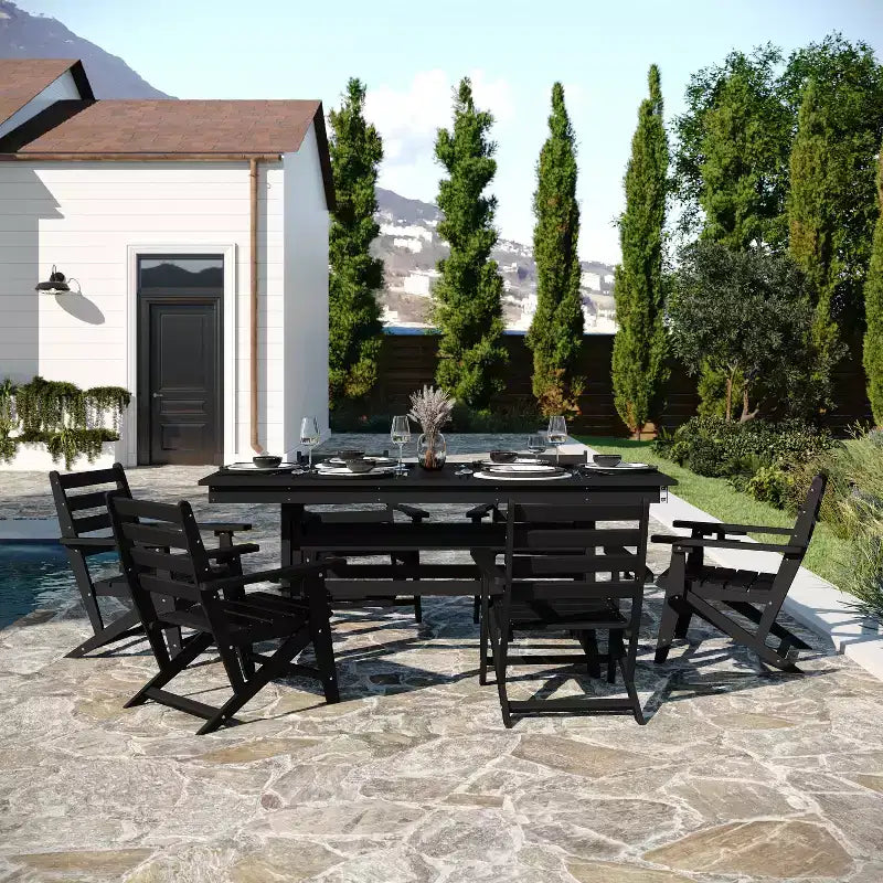 Flash Furniture Tolleson Set da pranzo commerciale Adirondack da 7 pezzi con tavolo rettangolare in HDPE riciclato per interni/esterni da 72 pollici e 6 sedie con portabicchieri