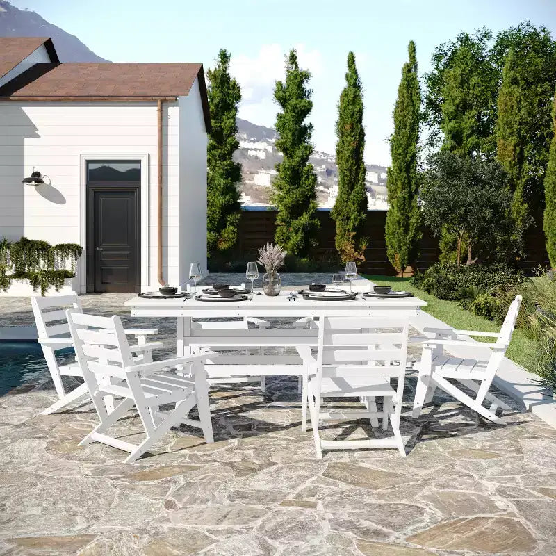 Flash Furniture Tolleson Set da pranzo commerciale Adirondack da 7 pezzi con tavolo rettangolare in HDPE riciclato per interni/esterni da 72 pollici e 6 sedie con portabicchieri