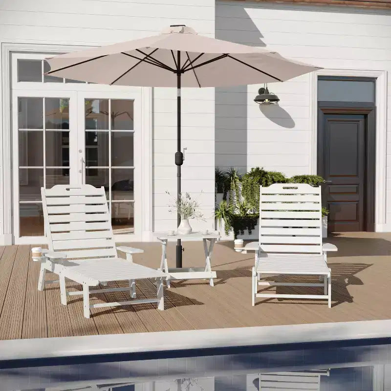 Set 3 Pezzi di Sedie/Tavolo Adirondack Merrick Lane per Uso Interno/Esterno con 2 Sedie a Sdraio Regolabili con Portabicchieri e Tavolino Pieghevole