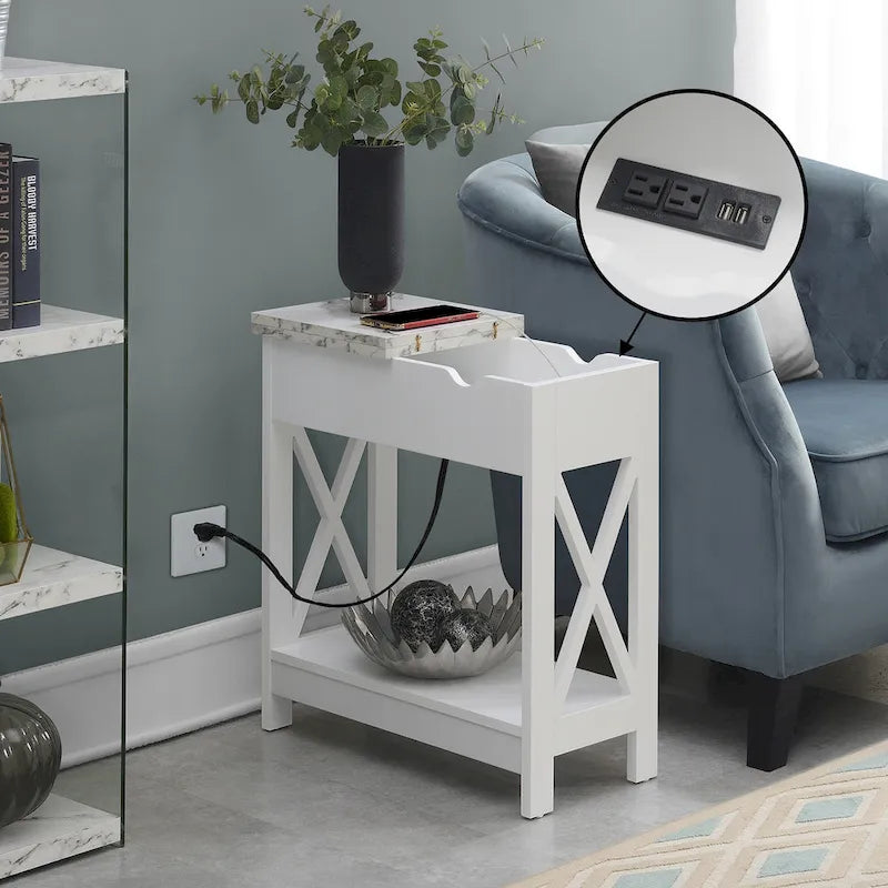 Tavolino Oxford Flip Top di Convenience Concepts con Stazione di Ricarica e Ripiano