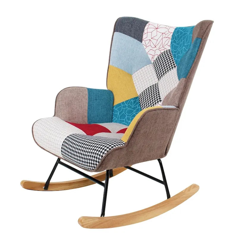Poltrona a dondolo Mid-Century in tessuto con gambe in legno e lino patchwork