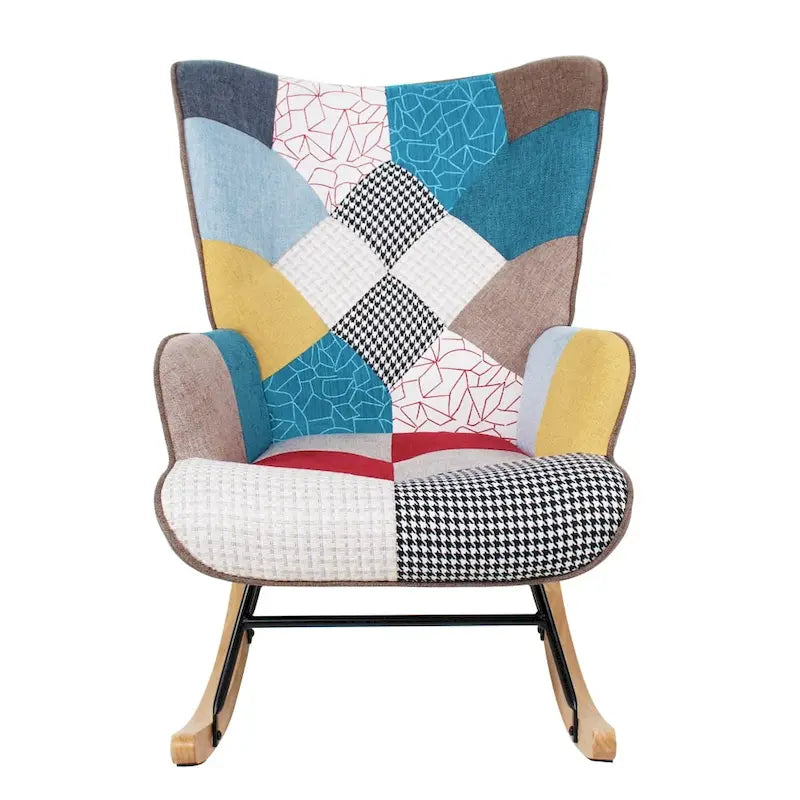Poltrona a dondolo Mid-Century in tessuto con gambe in legno e lino patchwork