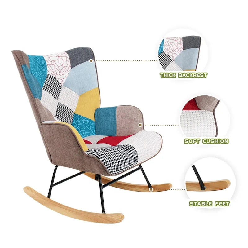 Poltrona a dondolo Mid-Century in tessuto con gambe in legno e lino patchwork