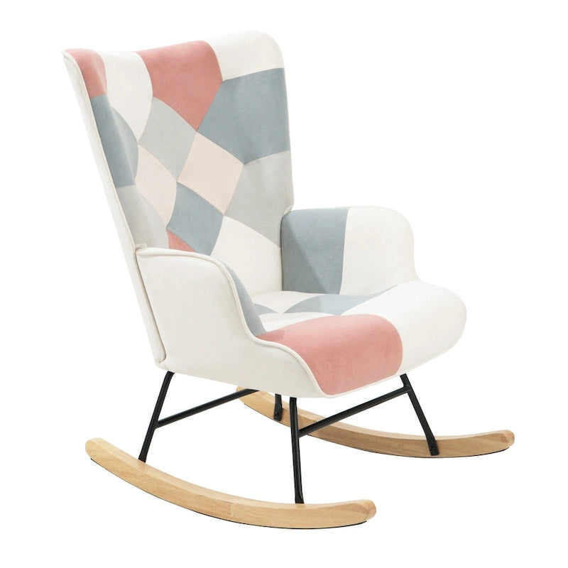 Poltrona a dondolo Mid-Century in tessuto con gambe in legno e lino patchwork