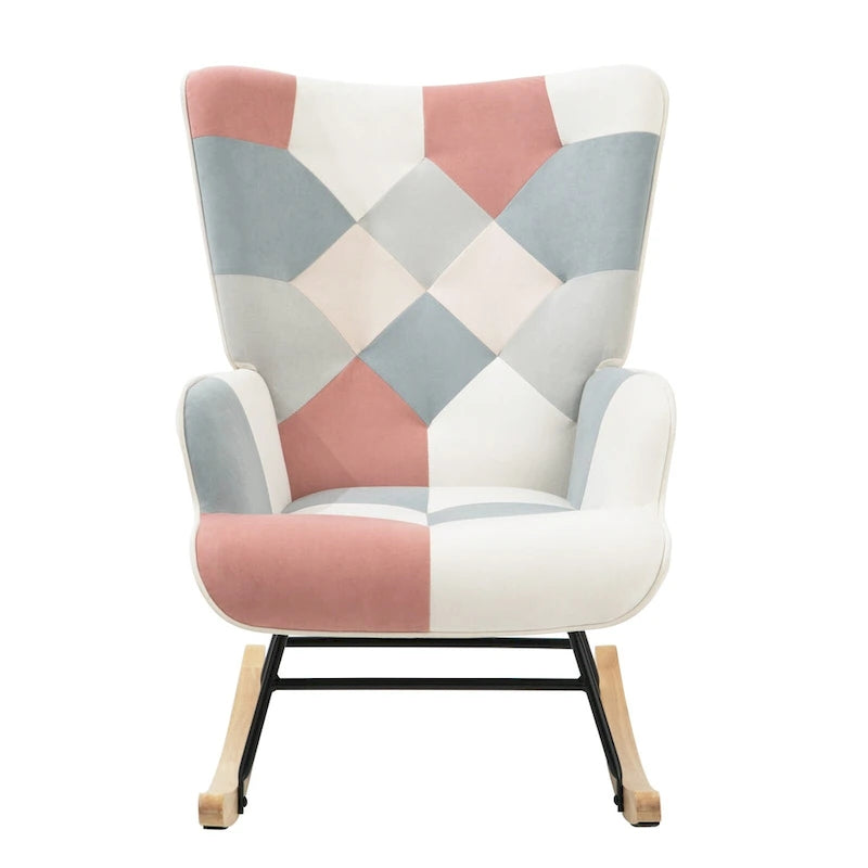 Poltrona a dondolo Mid-Century in tessuto con gambe in legno e lino patchwork