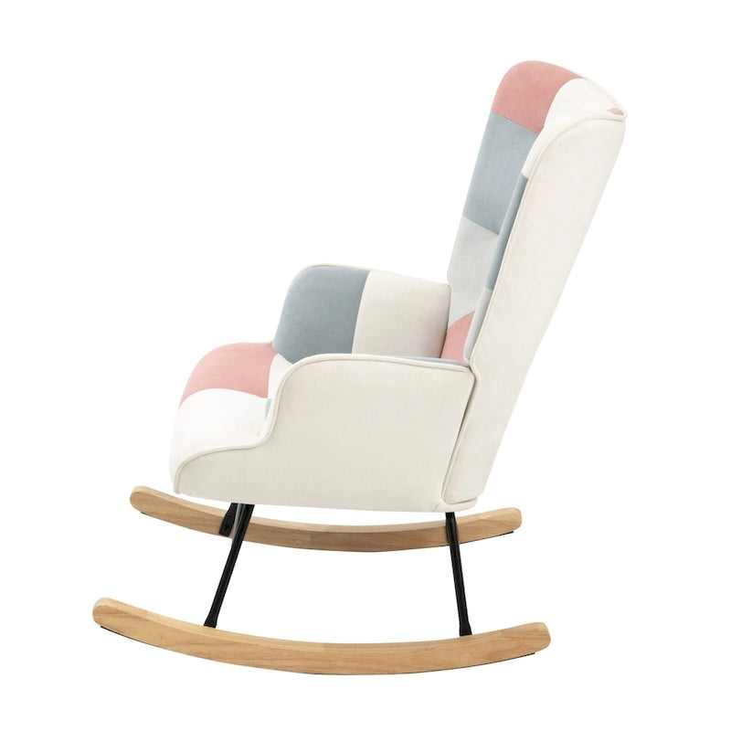 Poltrona a dondolo Mid-Century in tessuto con gambe in legno e lino patchwork