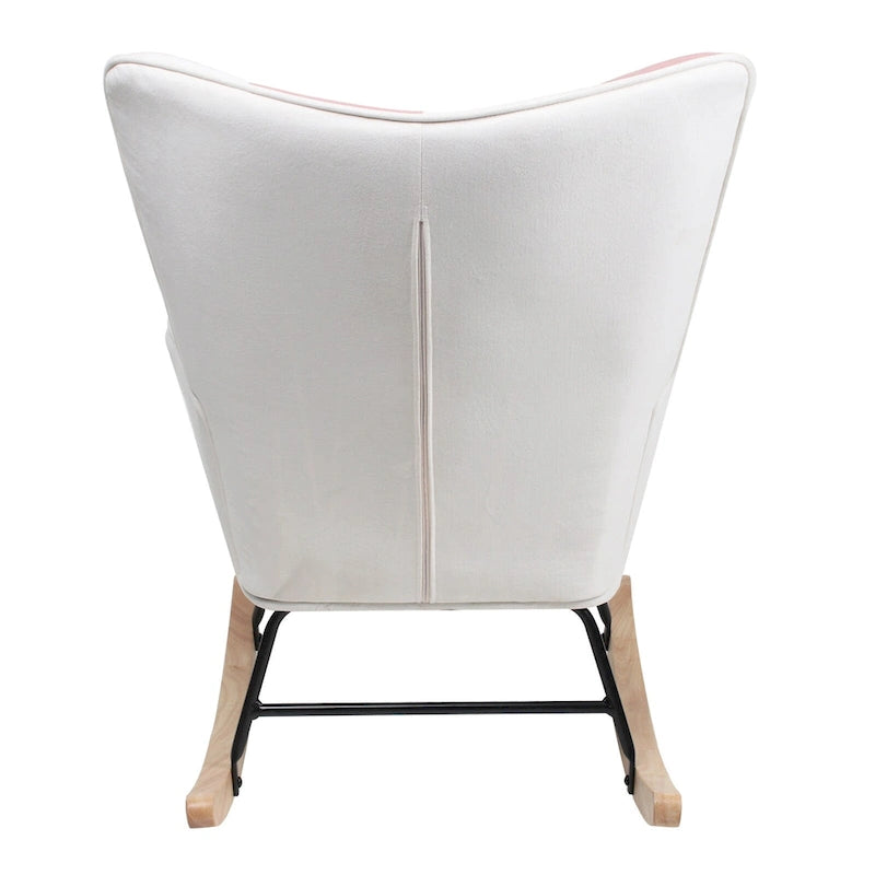 Poltrona a dondolo Mid-Century in tessuto con gambe in legno e lino patchwork