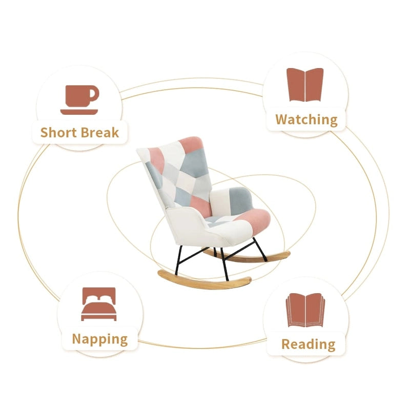 Poltrona a dondolo Mid-Century in tessuto con gambe in legno e lino patchwork