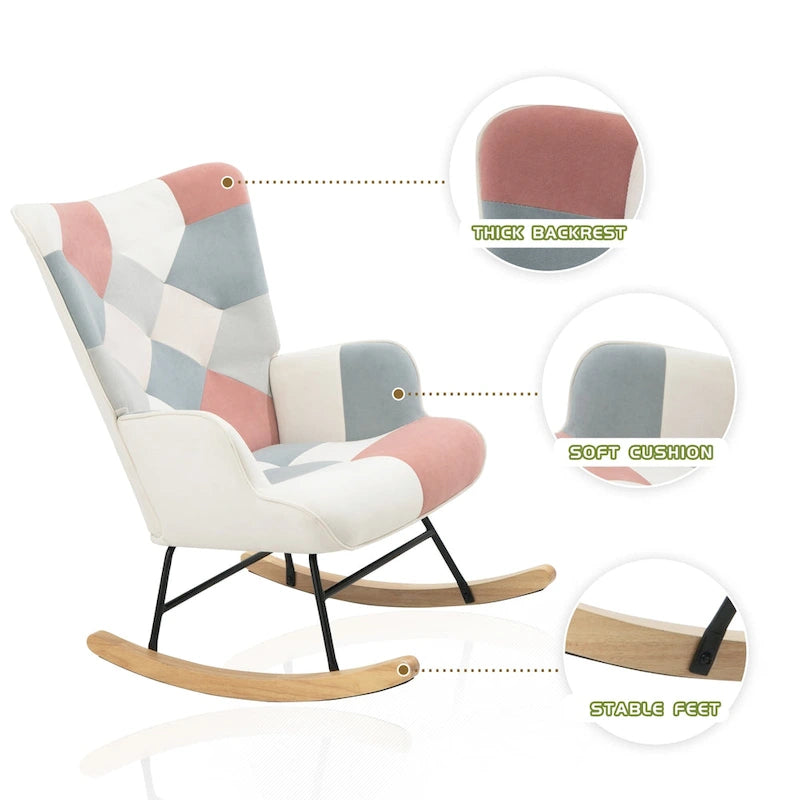 Poltrona a dondolo Mid-Century in tessuto con gambe in legno e lino patchwork