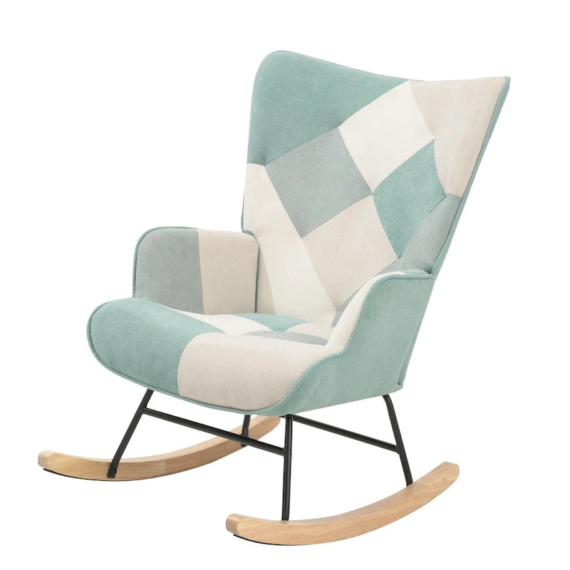 Poltrona a dondolo Mid-Century in tessuto con gambe in legno e lino patchwork