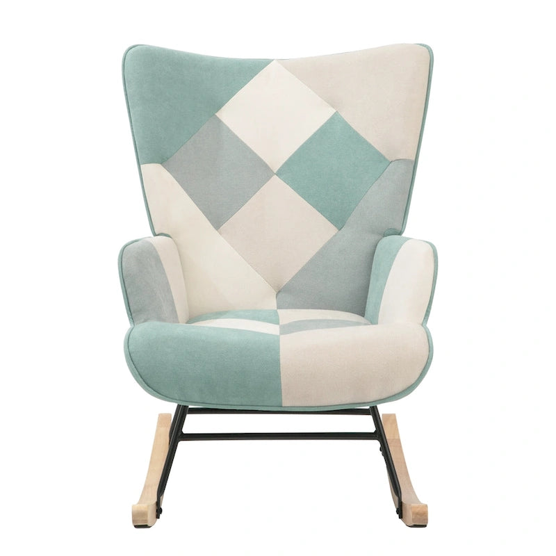 Poltrona a dondolo Mid-Century in tessuto con gambe in legno e lino patchwork