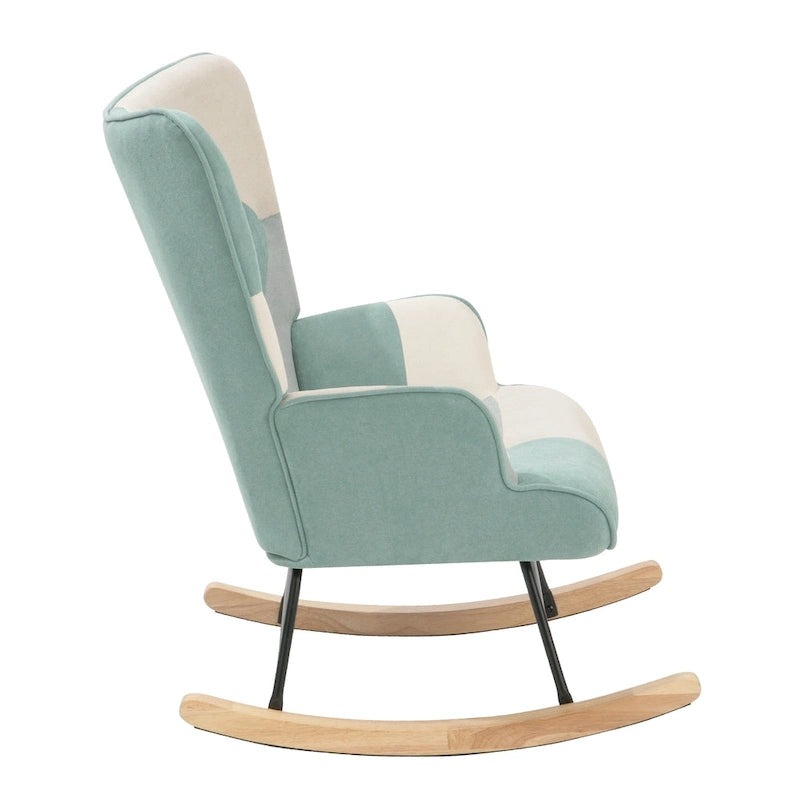 Poltrona a dondolo Mid-Century in tessuto con gambe in legno e lino patchwork