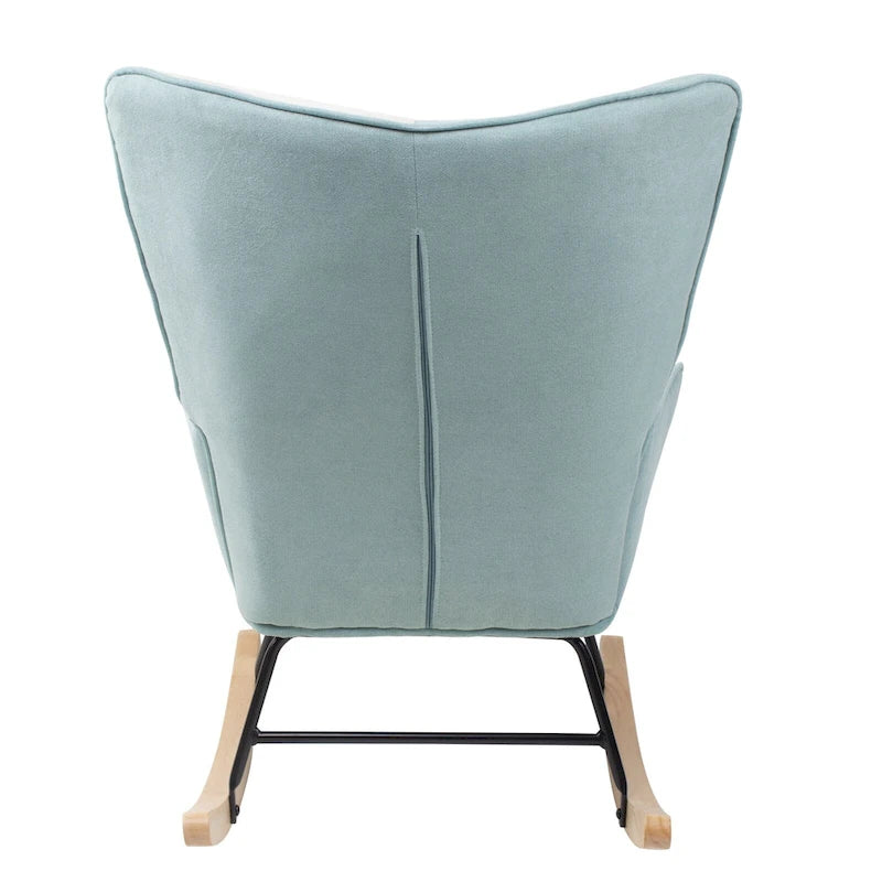 Poltrona a dondolo Mid-Century in tessuto con gambe in legno e lino patchwork