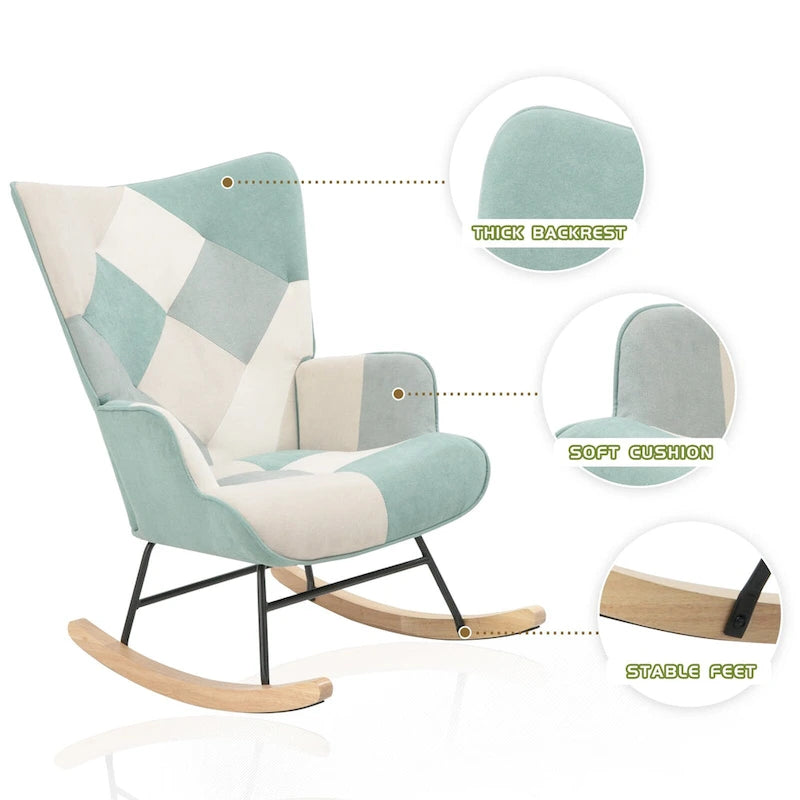Poltrona a dondolo Mid-Century in tessuto con gambe in legno e lino patchwork