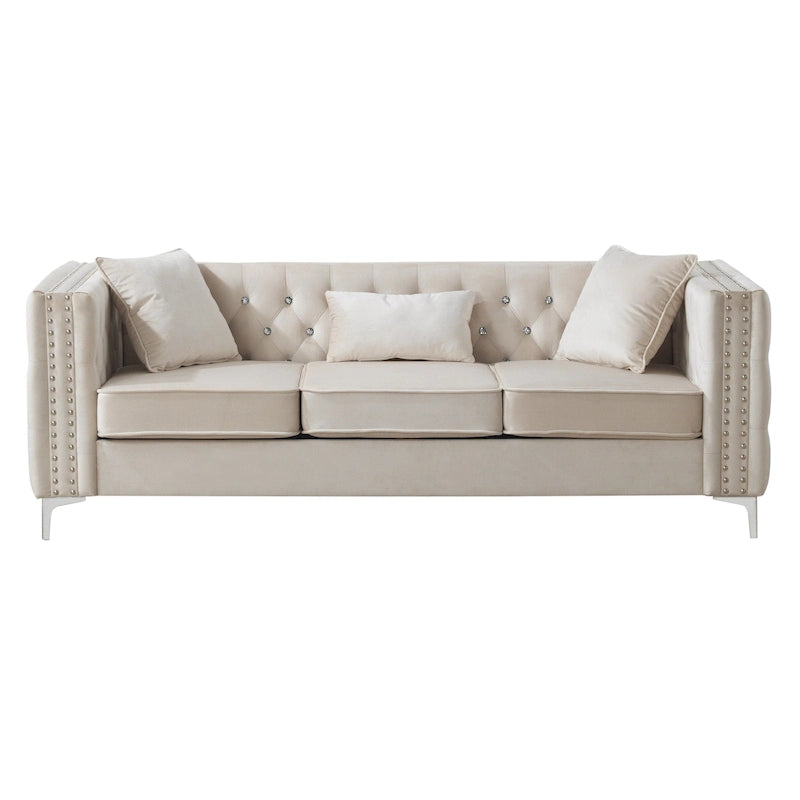 Divano a 3 posti in velluto trapuntato Paige 86 pollici con 2 cuscini - 86L x 34W x 30H