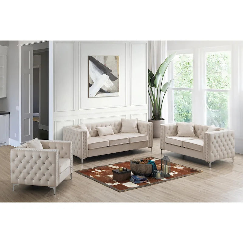 Divano a 3 posti in velluto trapuntato Paige 86 pollici con 2 cuscini - 86L x 34W x 30H