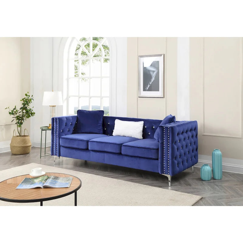 Divano a 3 posti in velluto trapuntato Paige 86 pollici con 2 cuscini - 86L x 34W x 30H