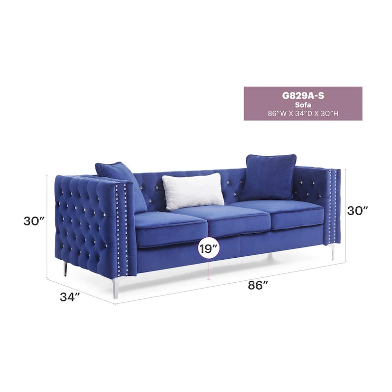 Divano a 3 posti in velluto trapuntato Paige 86 pollici con 2 cuscini - 86L x 34W x 30H