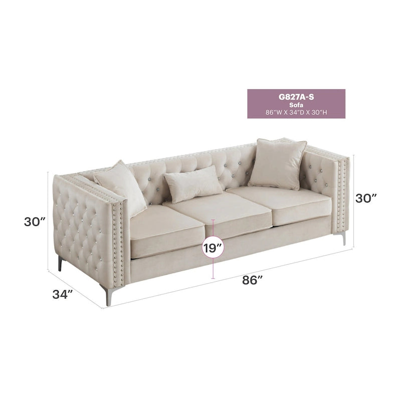 Divano a 3 posti in velluto trapuntato Paige 86 pollici con 2 cuscini - 86L x 34W x 30H
