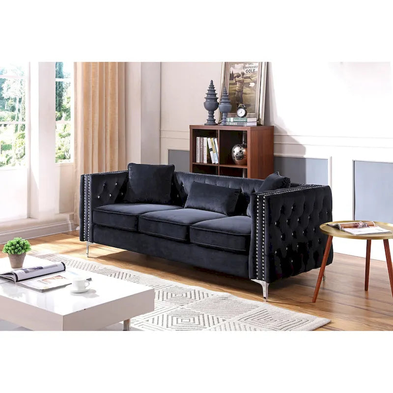 Divano a 3 posti in velluto trapuntato Paige 86 pollici con 2 cuscini - 86L x 34W x 30H