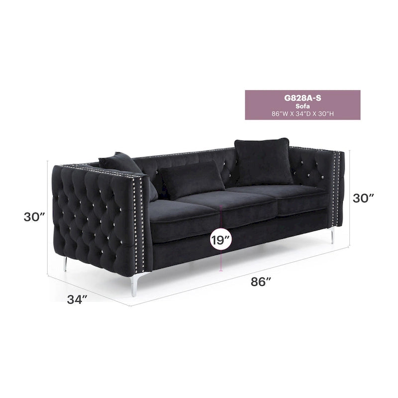 Divano a 3 posti in velluto trapuntato Paige 86 pollici con 2 cuscini - 86L x 34W x 30H