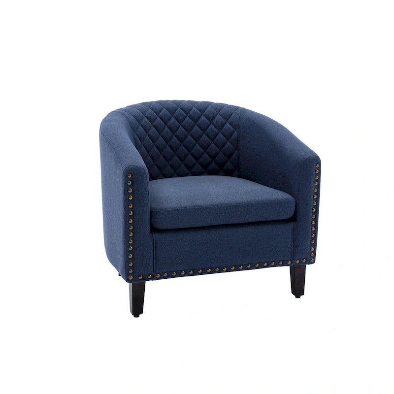 Poltrona a barilotto Accent, sedia da salotto con borchie e gambe in legno massiccio