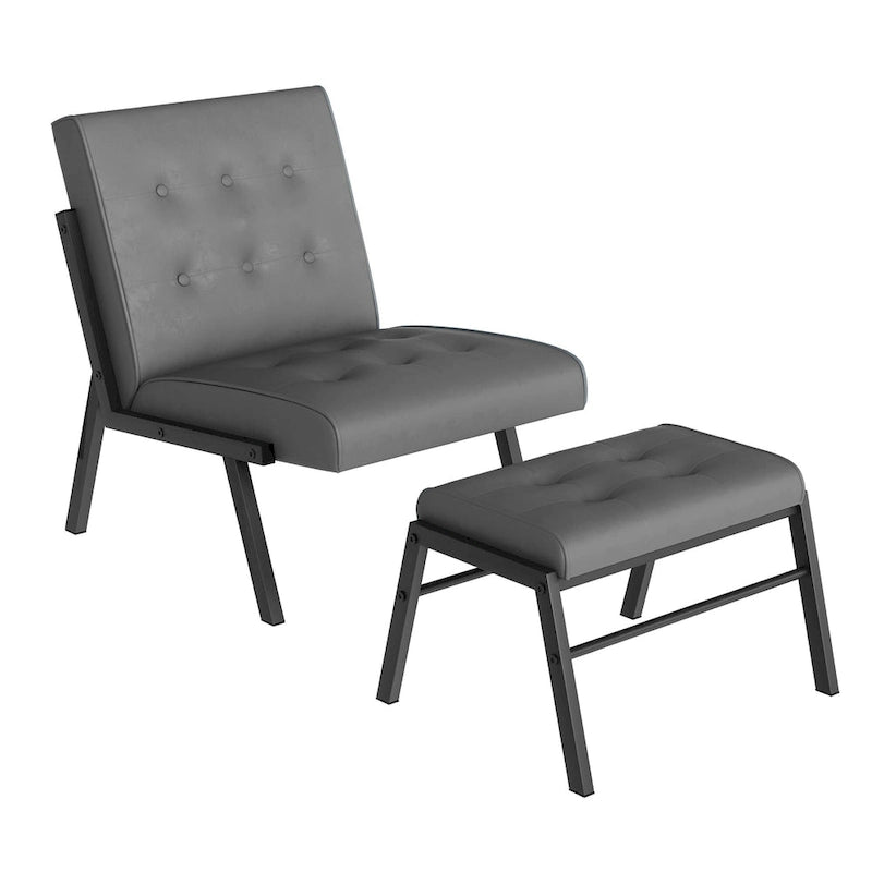 Mieres Poltrona di design di metà secolo in similpelle con poggiapiedi, sedia senza braccioli trapuntata, larga 60 cm, per soggiorno