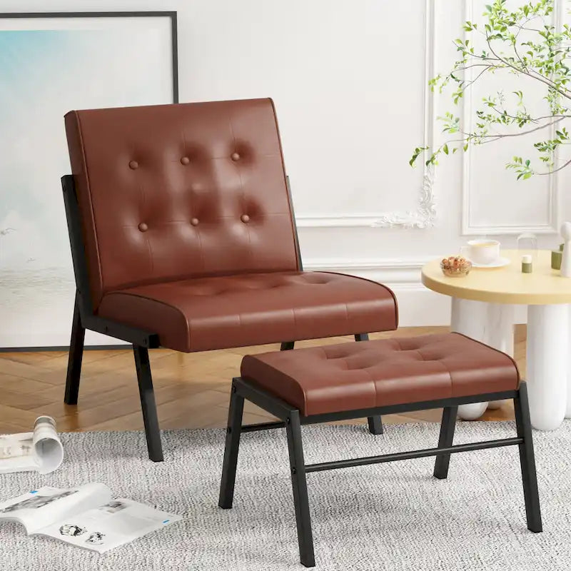 Mieres Poltrona di design di metà secolo in similpelle con poggiapiedi, sedia senza braccioli trapuntata, larga 60 cm, per soggiorno