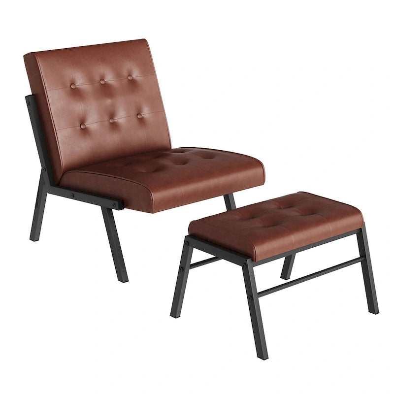 Mieres Poltrona di design di metà secolo in similpelle con poggiapiedi, sedia senza braccioli trapuntata, larga 60 cm, per soggiorno