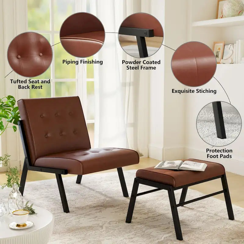 Mieres Poltrona di design di metà secolo in similpelle con poggiapiedi, sedia senza braccioli trapuntata, larga 60 cm, per soggiorno