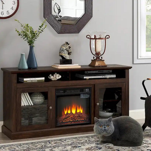 Meuble TV cheminée électrique rétro 60W, étagères et armoires réglables - 60L*15,75P*29H