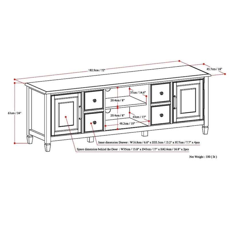 WYNDENHALL Hampshire MOBILE TV Tradizionale in LEGNO MASSELLO, Larghezza 72 pollici, per TV fino a 80 pollici - 72L x 18P x 24 A