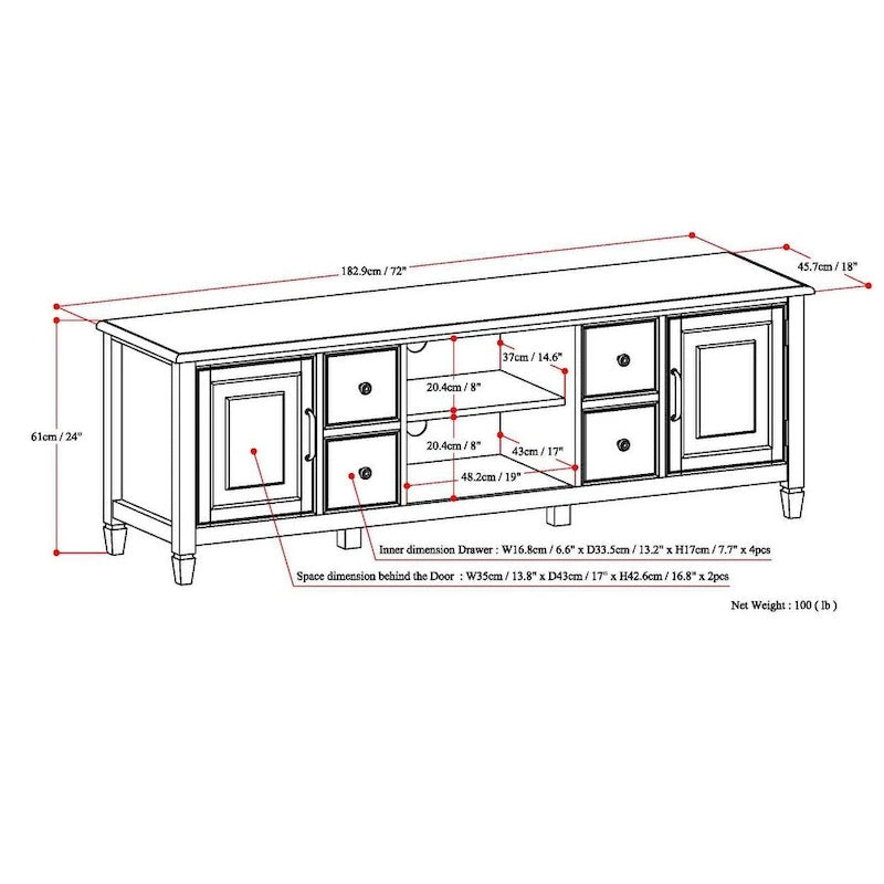 WYNDENHALL Hampshire MOBILE TV Tradizionale in LEGNO MASSELLO, Larghezza 72 pollici, per TV fino a 80 pollici - 72L x 18P x 24 A