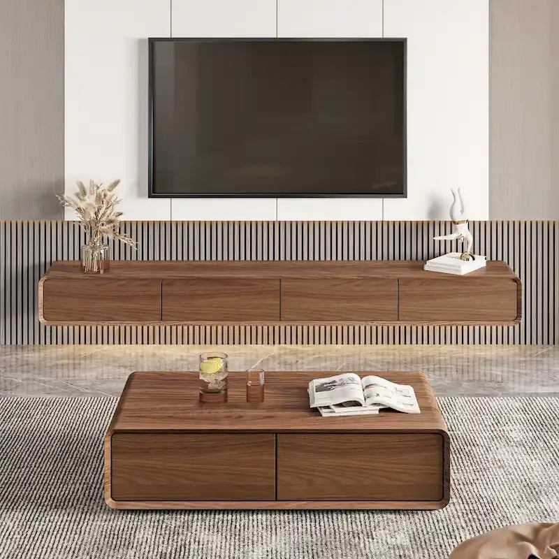 Mobile TV Sospeso, Mobile TV Moderno a Parete con 3/4 Cassetti, Legno Massello, Completamente Assemblato