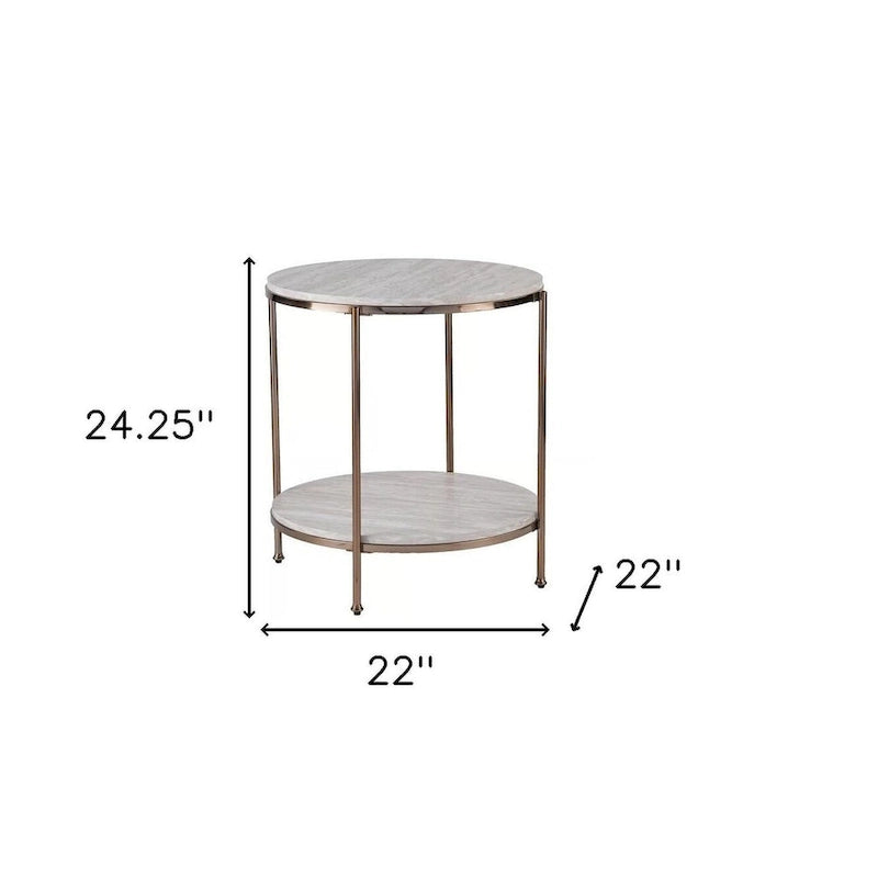 HomeRoots Tavolino rotondo con ripiano in finto marmo champagne e ferro, 22x22x24.25