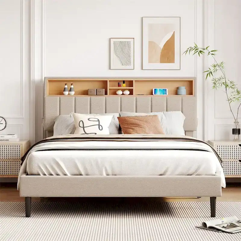 Letto a piattaforma imbottito Merax con testiera contenitore e porta USB